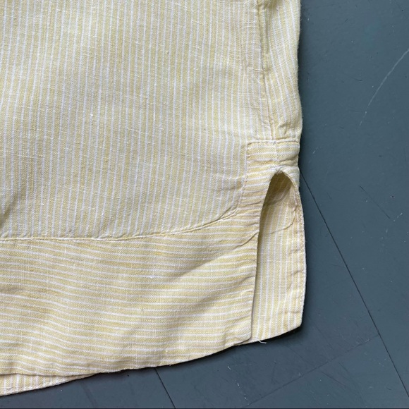 100% Linen Top Minimalist Large Buttery Yellow White Striped Casual Blouse Shirt - Picture 5 of 9